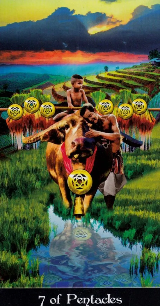 7 of Pentacles card from the Tarot Apokalypsis deck