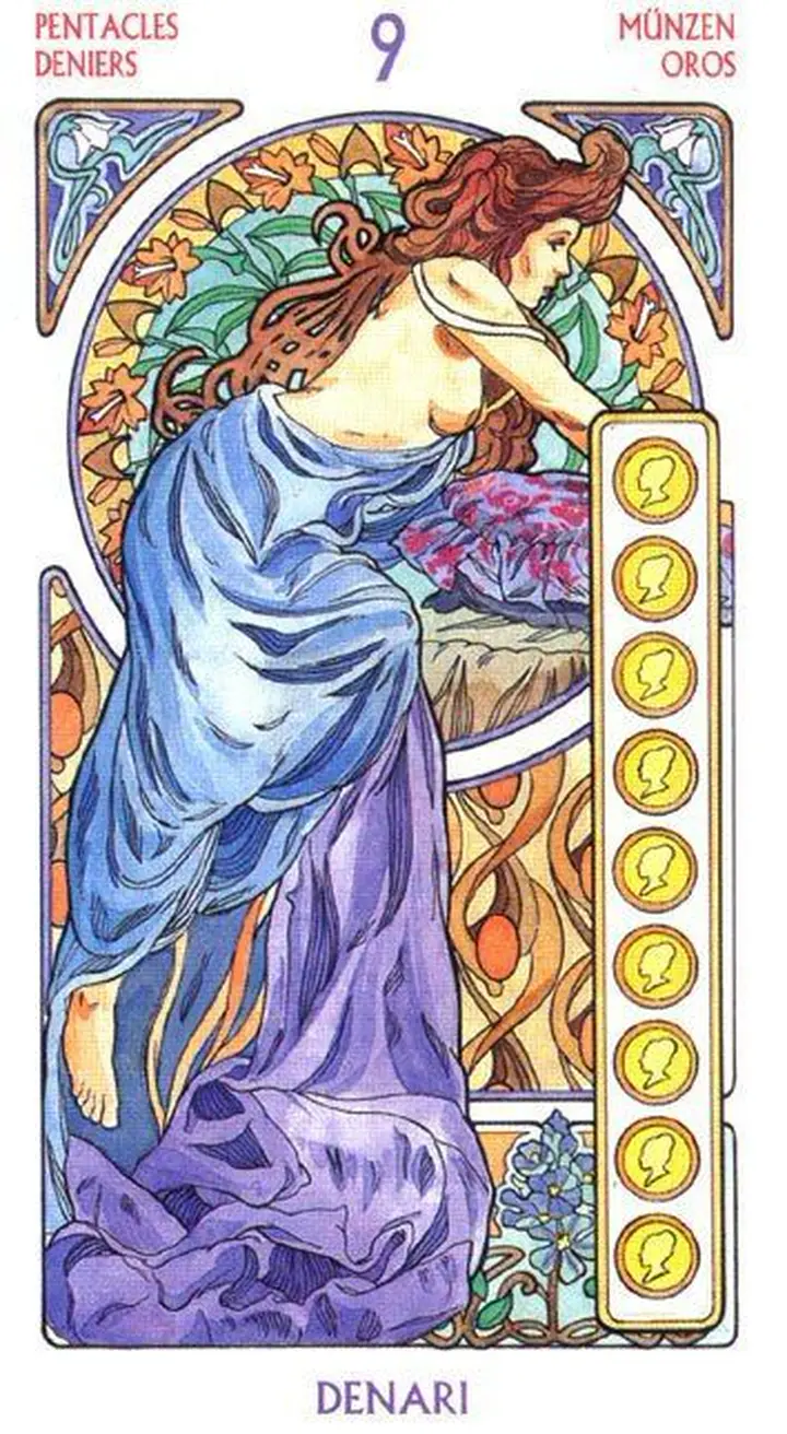9 of Pentacles - Tarot Art Nouveau - Tarot Deck by Antonella Castelli