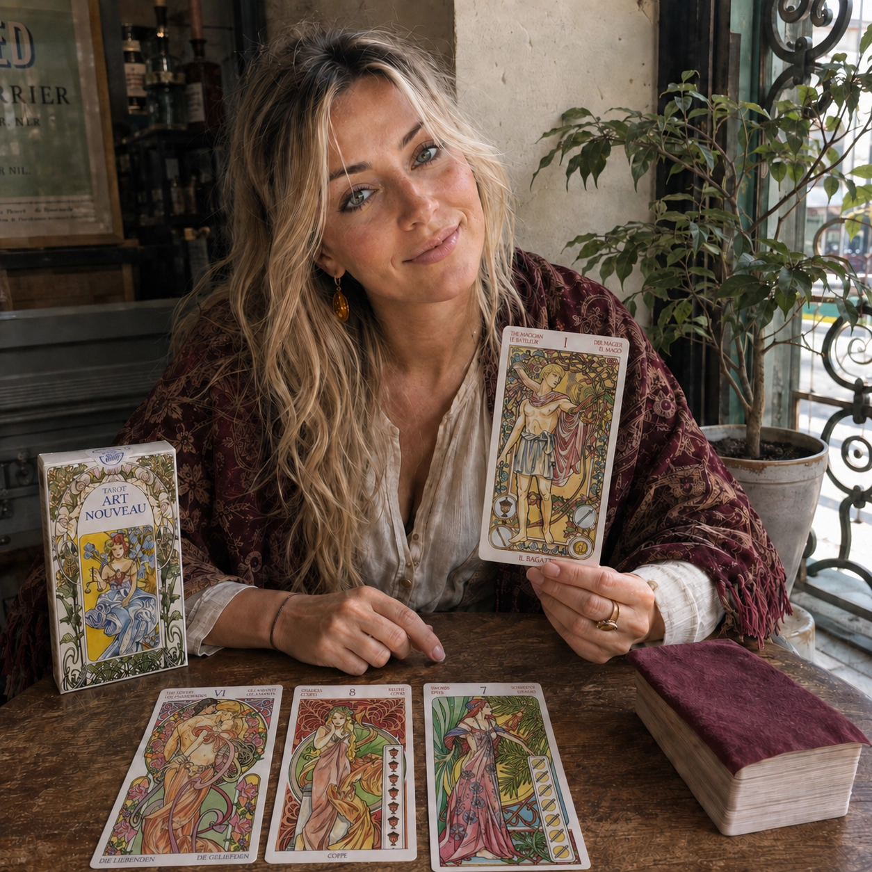 Aurica reading Tarot Art Nouveau with its box, a face-up spread, and the stacked remainder deck