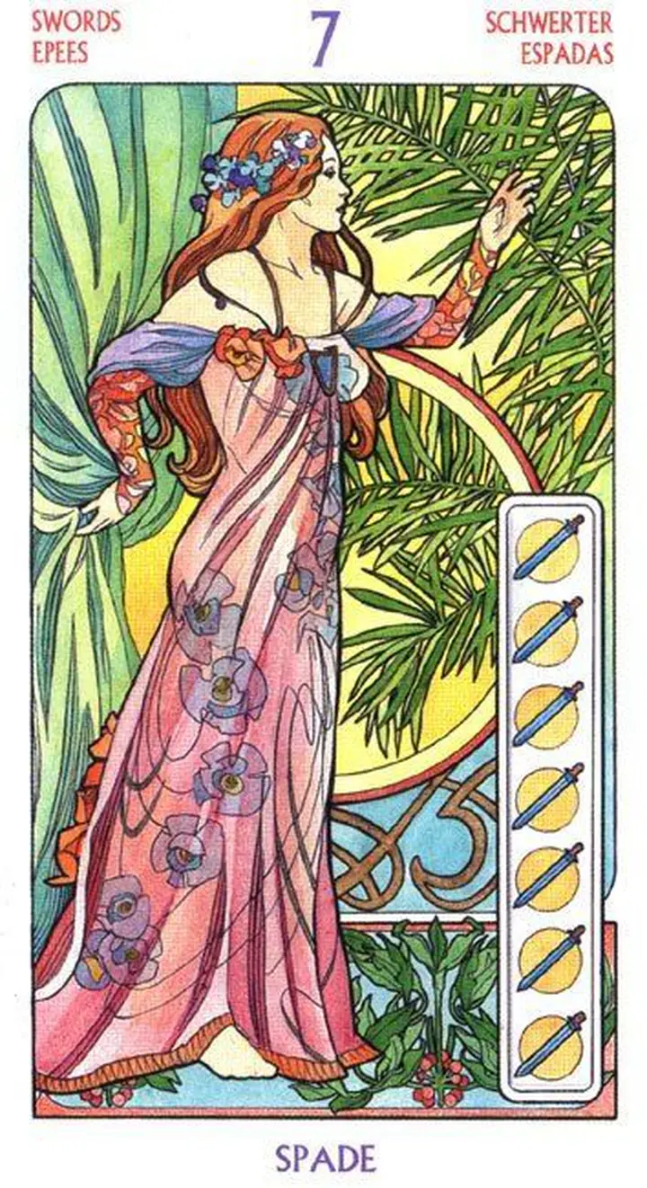 7 of Swords card from the Tarot Art Nouveau deck