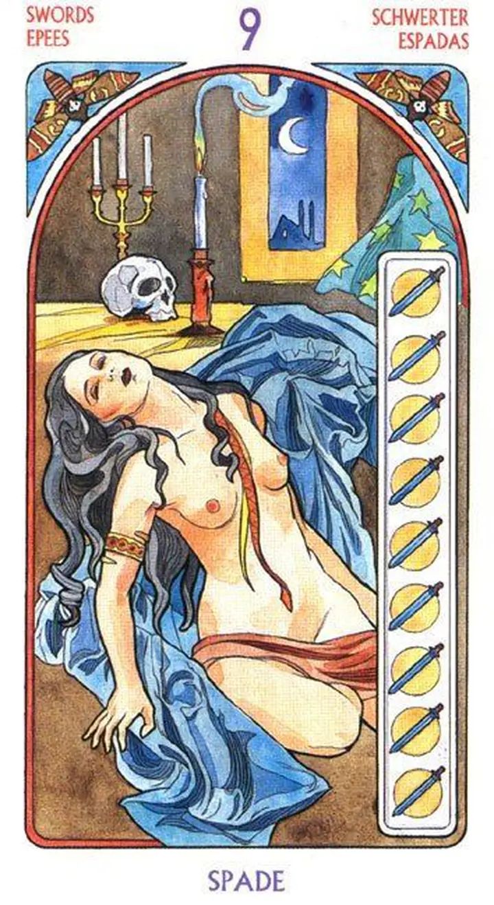 9 of Swords card from the Tarot Art Nouveau deck