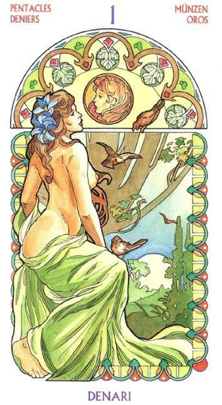 Ace of Pentacles card from the Tarot Art Nouveau deck