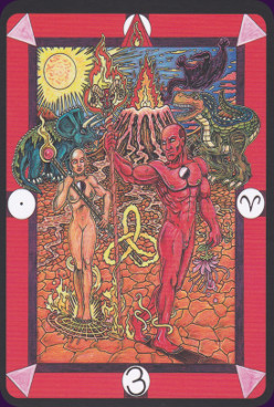 Fire · 3 — source 29 card front from Tarot D: The Didactic Tarot; descriptive source-symbol identifier, not a guidebook title