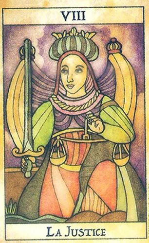 Justice card from the Tarot de Maria Celia deck — folk art tarot image for card meanings, symbolism, and deck review browsing