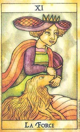 Strength card from the Tarot de Maria Celia deck — folk art tarot image for card meanings, symbolism, and deck review browsing