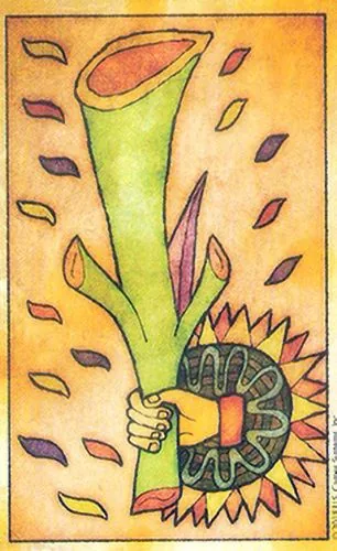 Ace of Wands card from the Tarot de Maria Celia deck — folk art tarot image for card meanings, symbolism, and deck review browsing