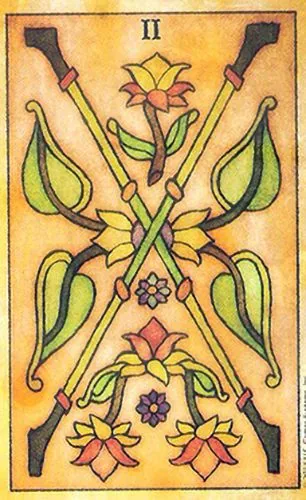 Two of Wands card from the Tarot de Maria Celia deck — folk art tarot image for card meanings, symbolism, and deck review browsing