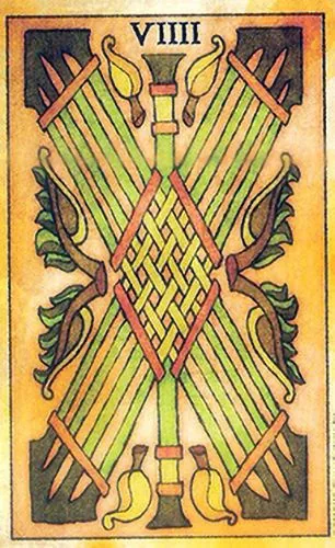 Nine of Wands card from the Tarot de Maria Celia deck — folk art tarot image for card meanings, symbolism, and deck review browsing