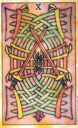 Ten of Swords card from the Tarot de Maria Celia deck — folk art tarot image for card meanings, symbolism, and deck review browsing