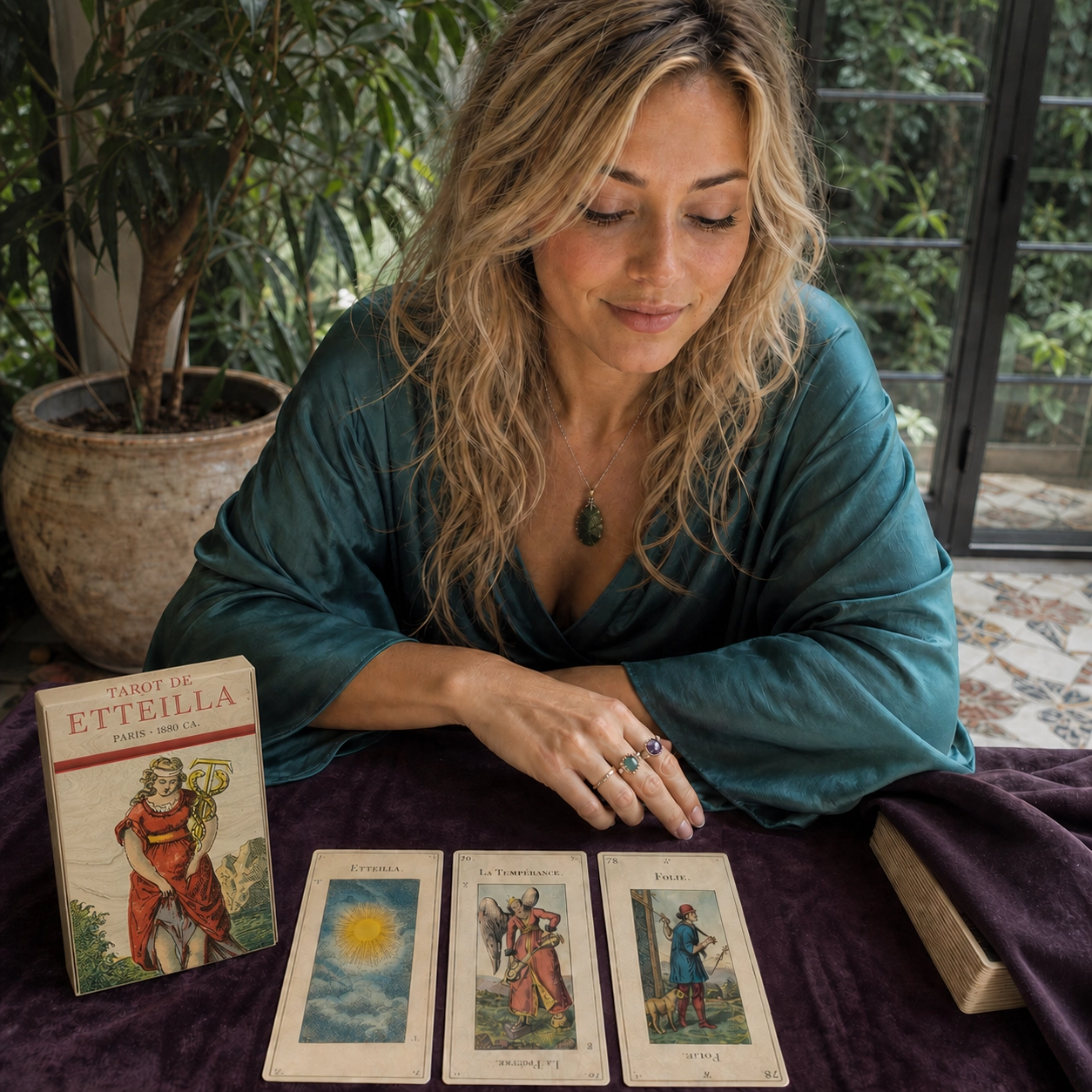 Aurica arranging the Tarot Etteilla deck beside its box, three face-up cards, and a stacked remainder deck