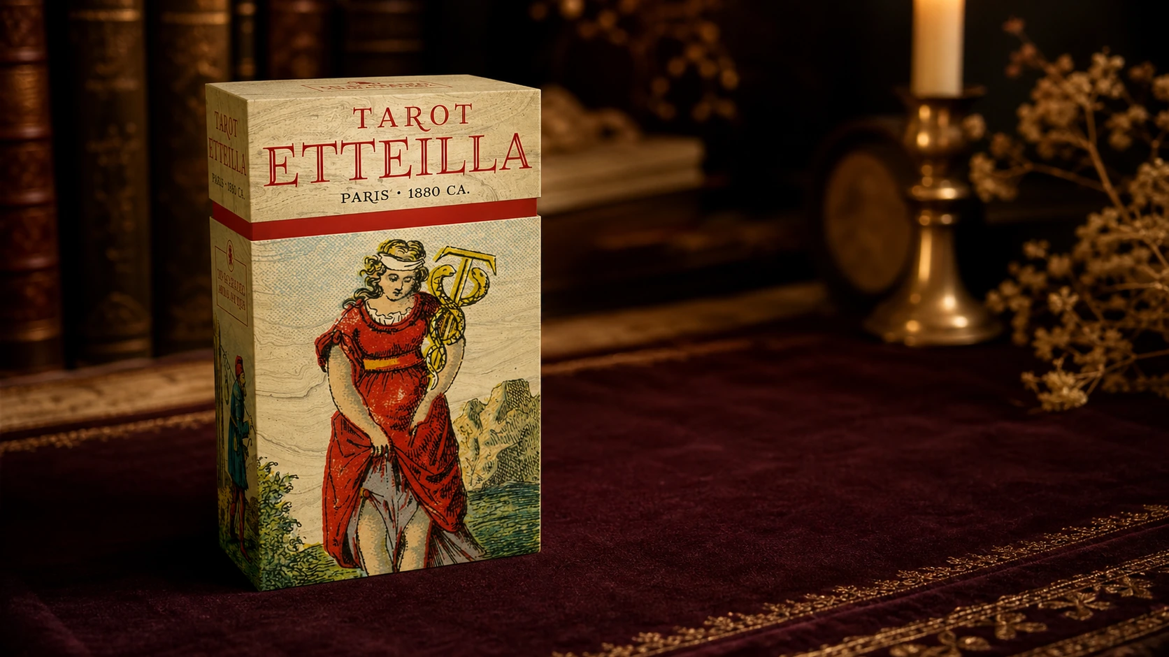 Generated candlelit product scene featuring the Tarot Etteilla box