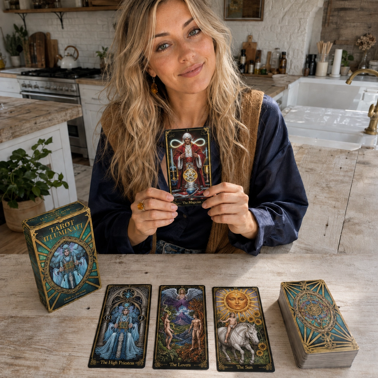 Aurica presenting The Magician from Tarot Illuminati beside its box, a three-card spread, and the stacked deck