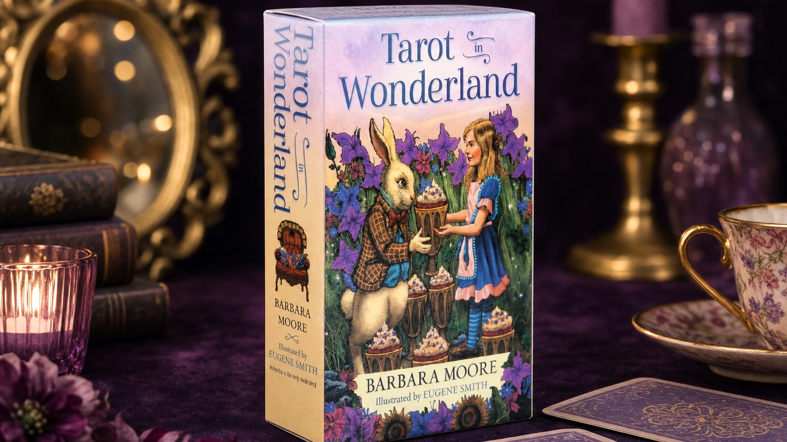 Tarot in Wonderland deck product box lifestyle image Tarot in Wonderland deck product box lifestyle photo