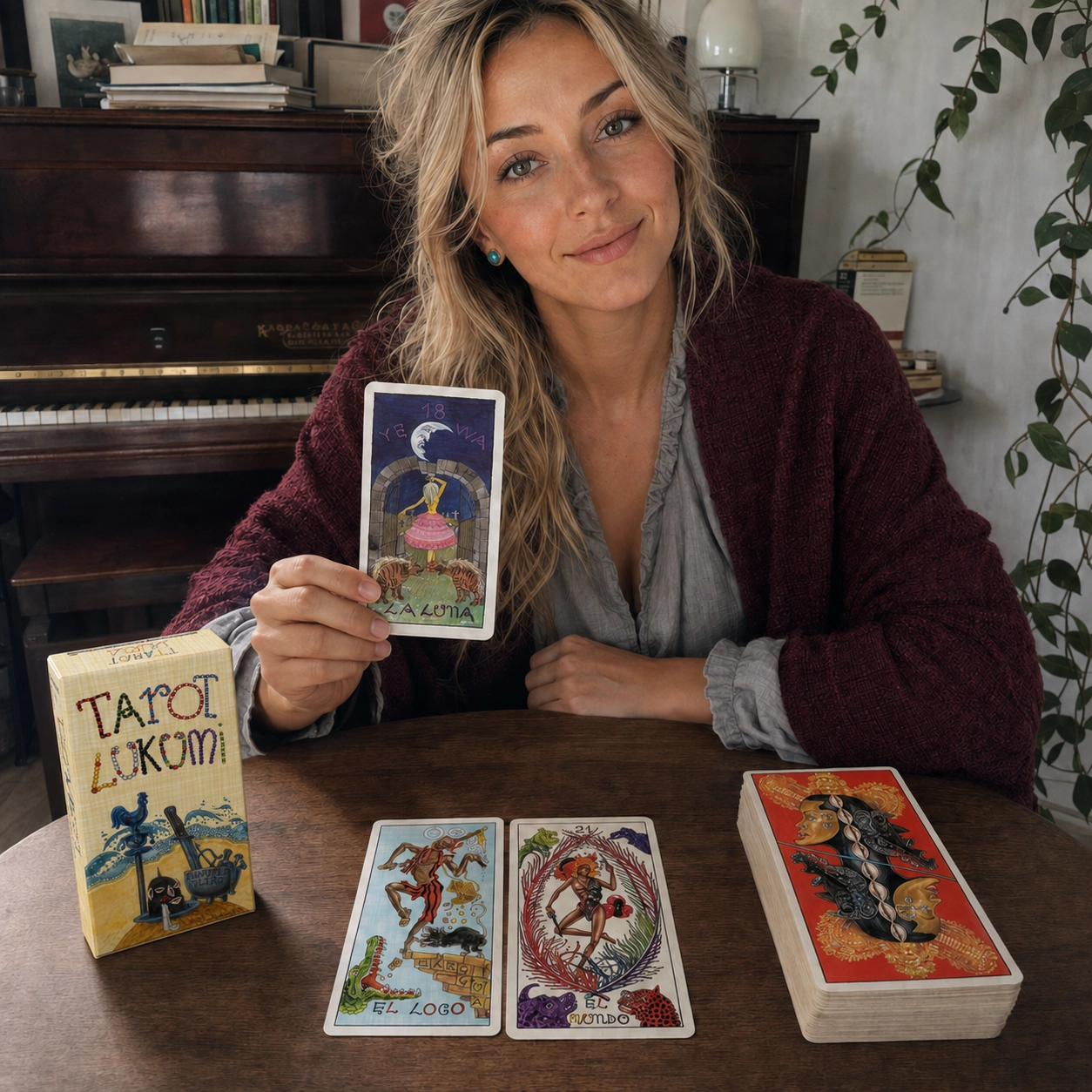 Aurica presenting La Luna from Tarot Lukumi beside El Loco, El Mundo, the deck box and a stacked remainder deck