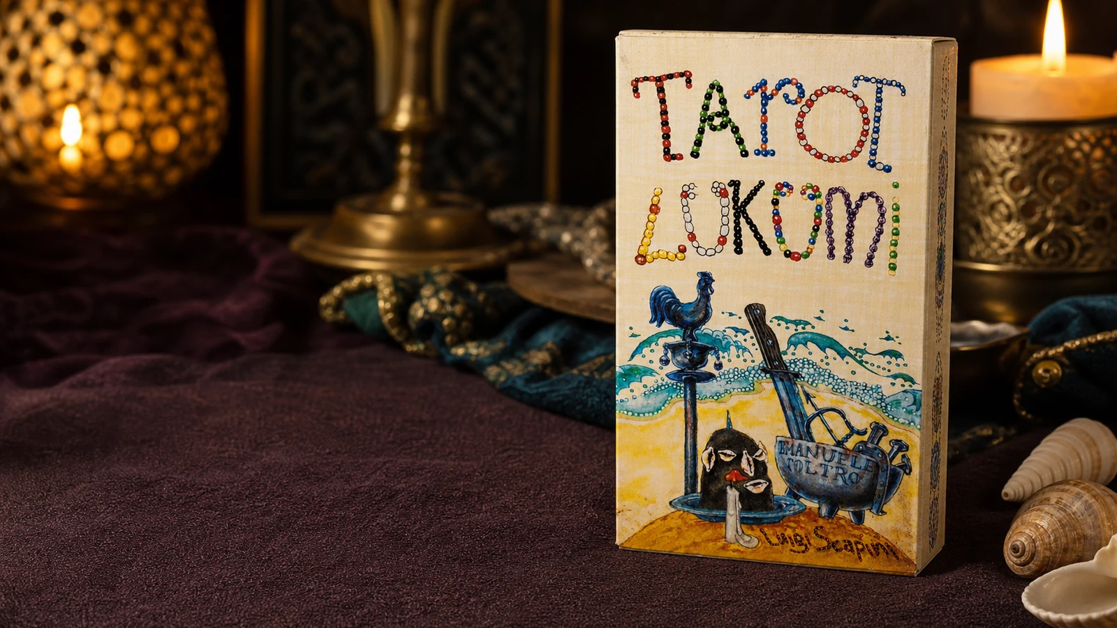 Vintage Tarot Lukumi box in a warm candlelit reading setting