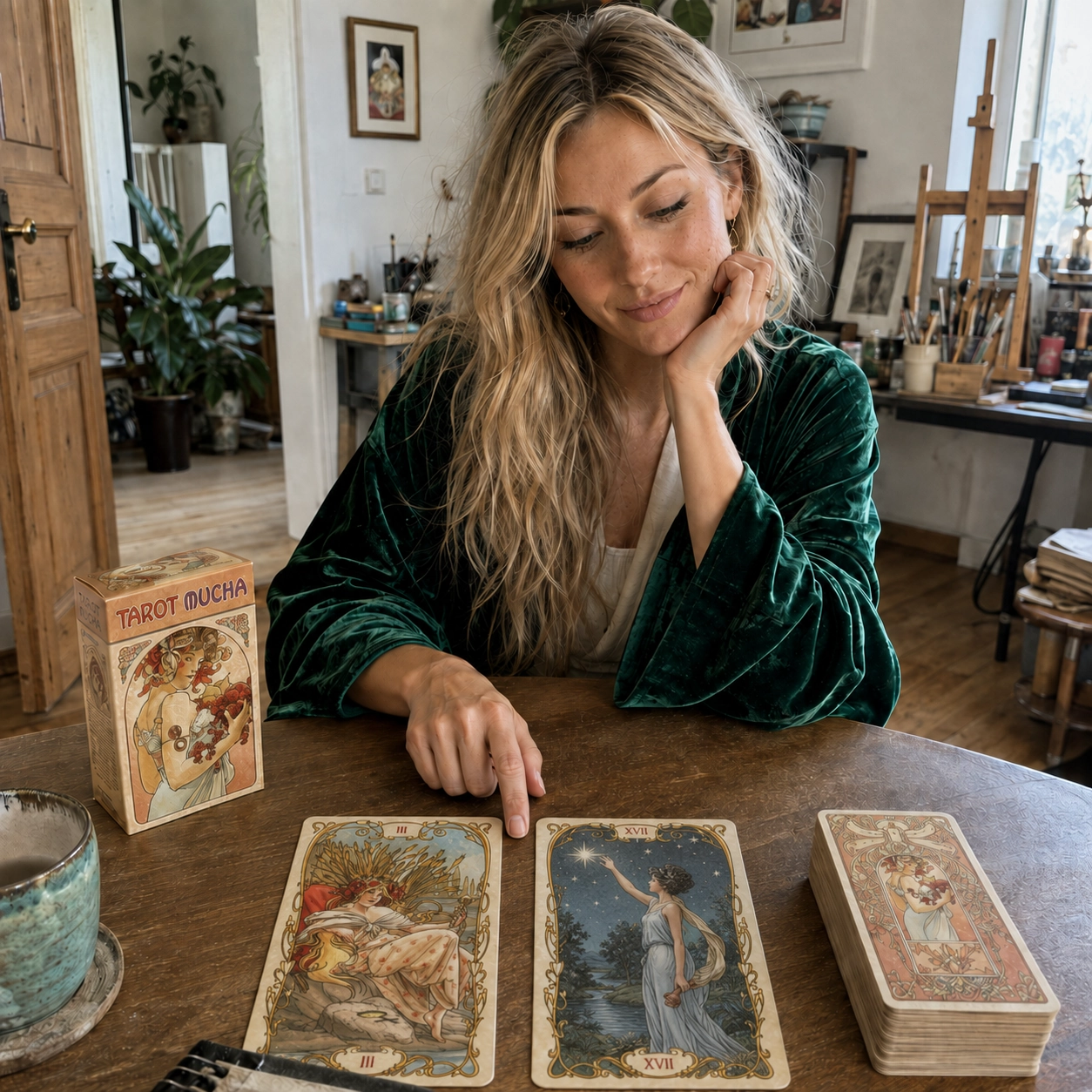 Aurica studying The Empress and The Star from Tarot Mucha beside the deck box and stacked cards