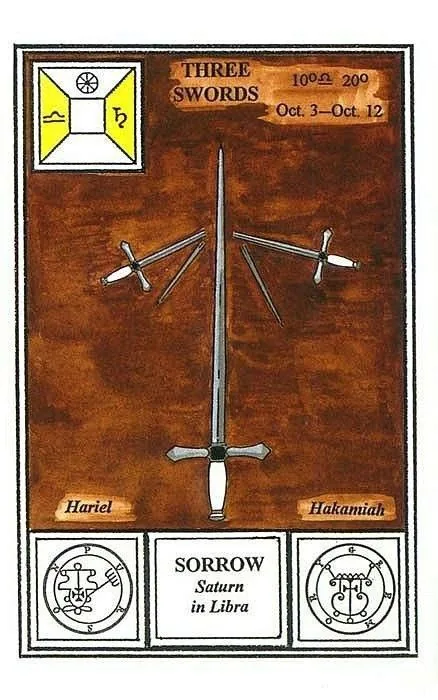 Tarot Of The Ceremonial Magick Review 13 3 of Swords card from Tarot of Ceremonial Magick