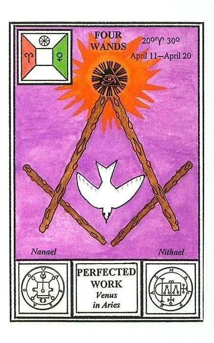 4 of Wands card from the Tarot of Ceremonial Magick deck