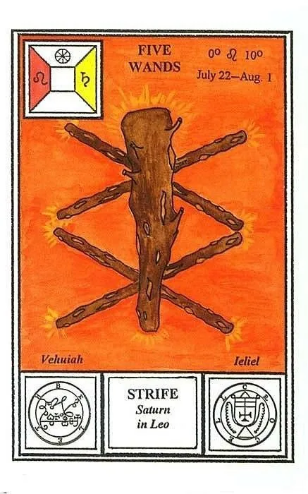 5 of Wands card from the Tarot of Ceremonial Magick deck