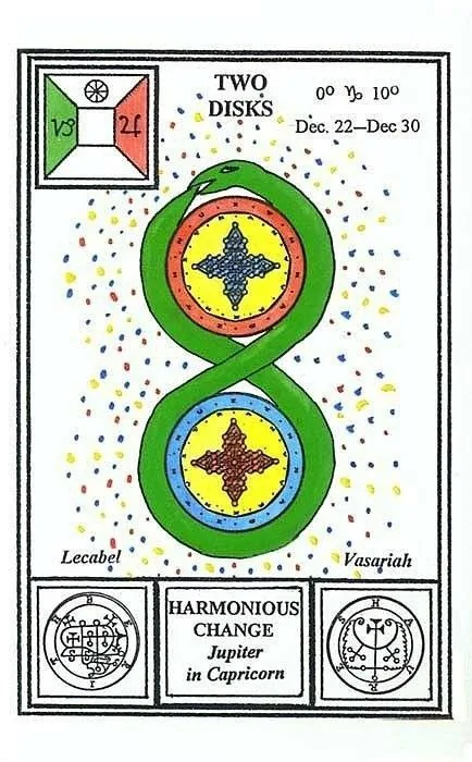 2 of Disks card from Tarot of Ceremonial Magick