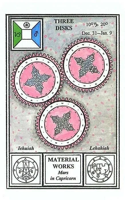 3 of Disks card from the Tarot of Ceremonial Magick deck