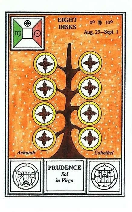 8 of Disks card from the Tarot of Ceremonial Magick deck