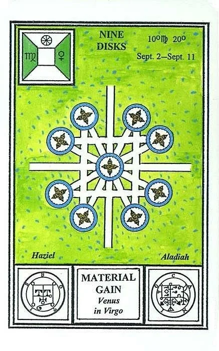 9 of Disks card from the Tarot of Ceremonial Magick deck