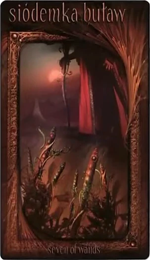 Seven of Wands card from the Maroon Tarot deck