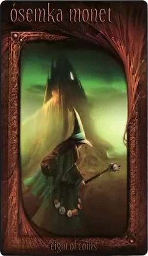 Eight of Coins card from the Maroon Tarot deck