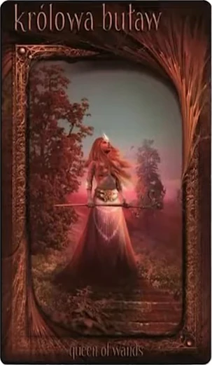 Queen of Wands card from the Maroon Tarot deck