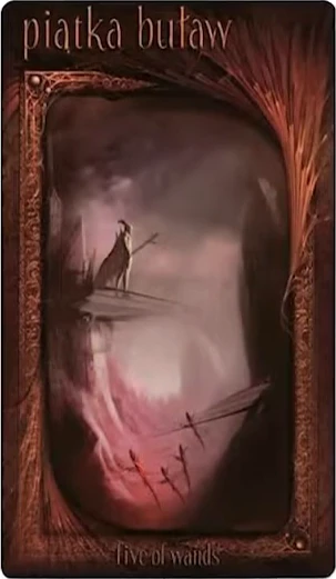 Five of Wands card from the Maroon Tarot deck