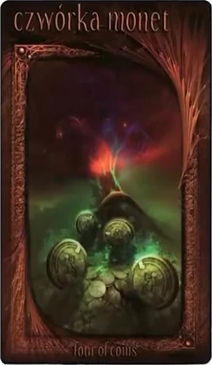 Four of Coins card from the Maroon Tarot deck