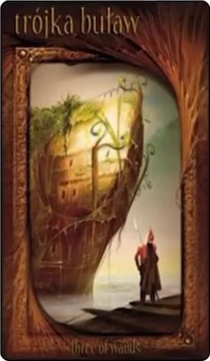 Three of Wands card from the Maroon Tarot deck
