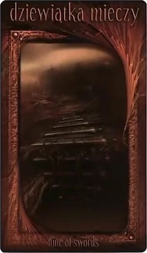 Nine of Swords card from the Maroon Tarot deck