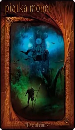 Five of Coins card from the Maroon Tarot deck