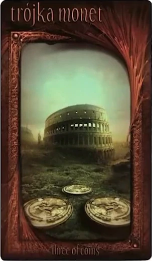 Three of Coins card from the Maroon Tarot deck