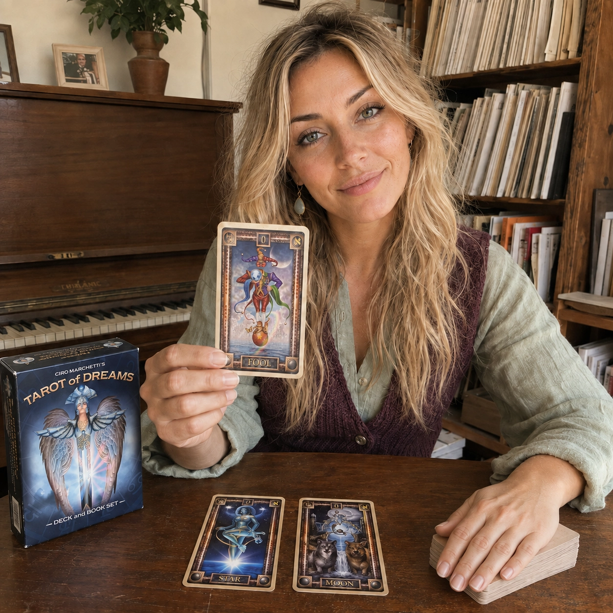 Aurica presenting the Fool from Tarot Of Dreams beside the deck box, the Star and Moon, and the stacked deck
