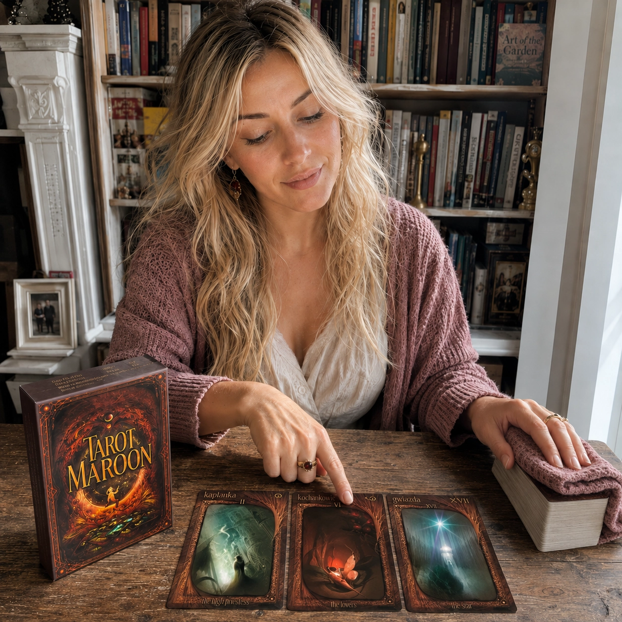 Aurica reading The Maroon Tarot beside its deck box, three-card spread and stacked remainder deck