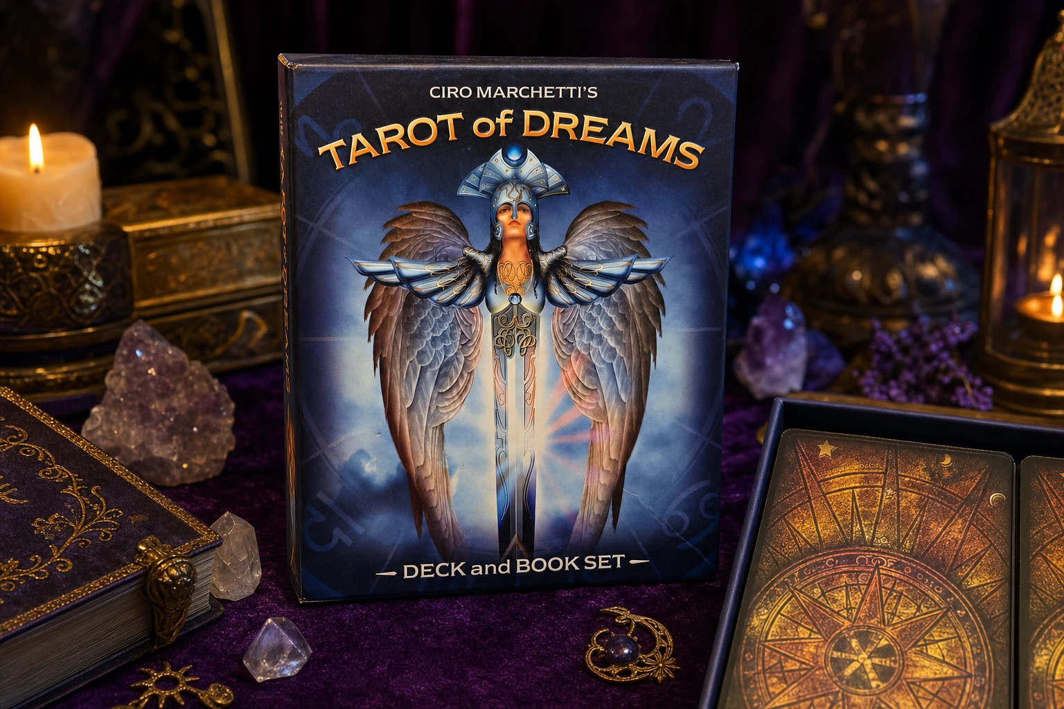 Tarot of Dreams GPT Image 2 box-reference product render in a jewel-toned TarotFans review scene