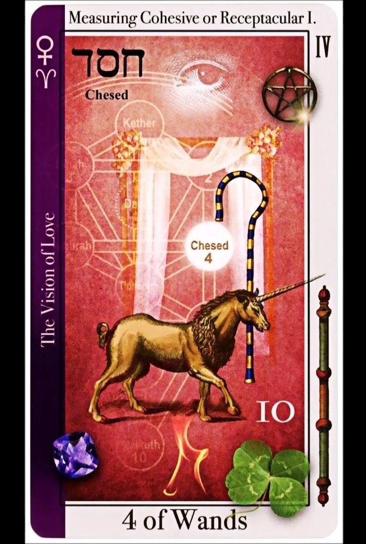 4 of Wands card from the Tarot of Magical Correspondences deck