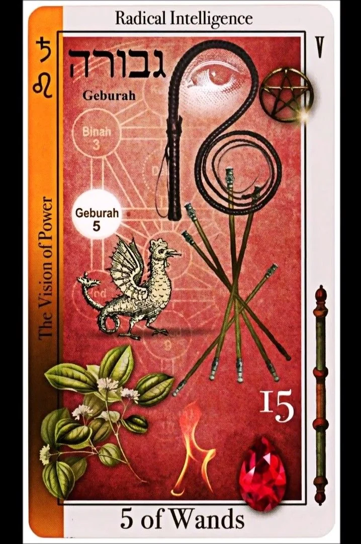 5 of Wands card from the Tarot of Magical Correspondences deck