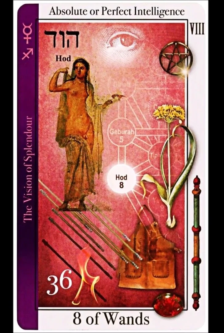 8 of Wands card from the Tarot of Magical Correspondences deck
