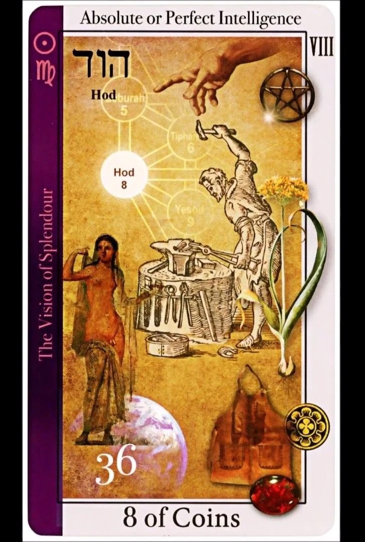 8 of Coins card from the Tarot of Magical Correspondences deck