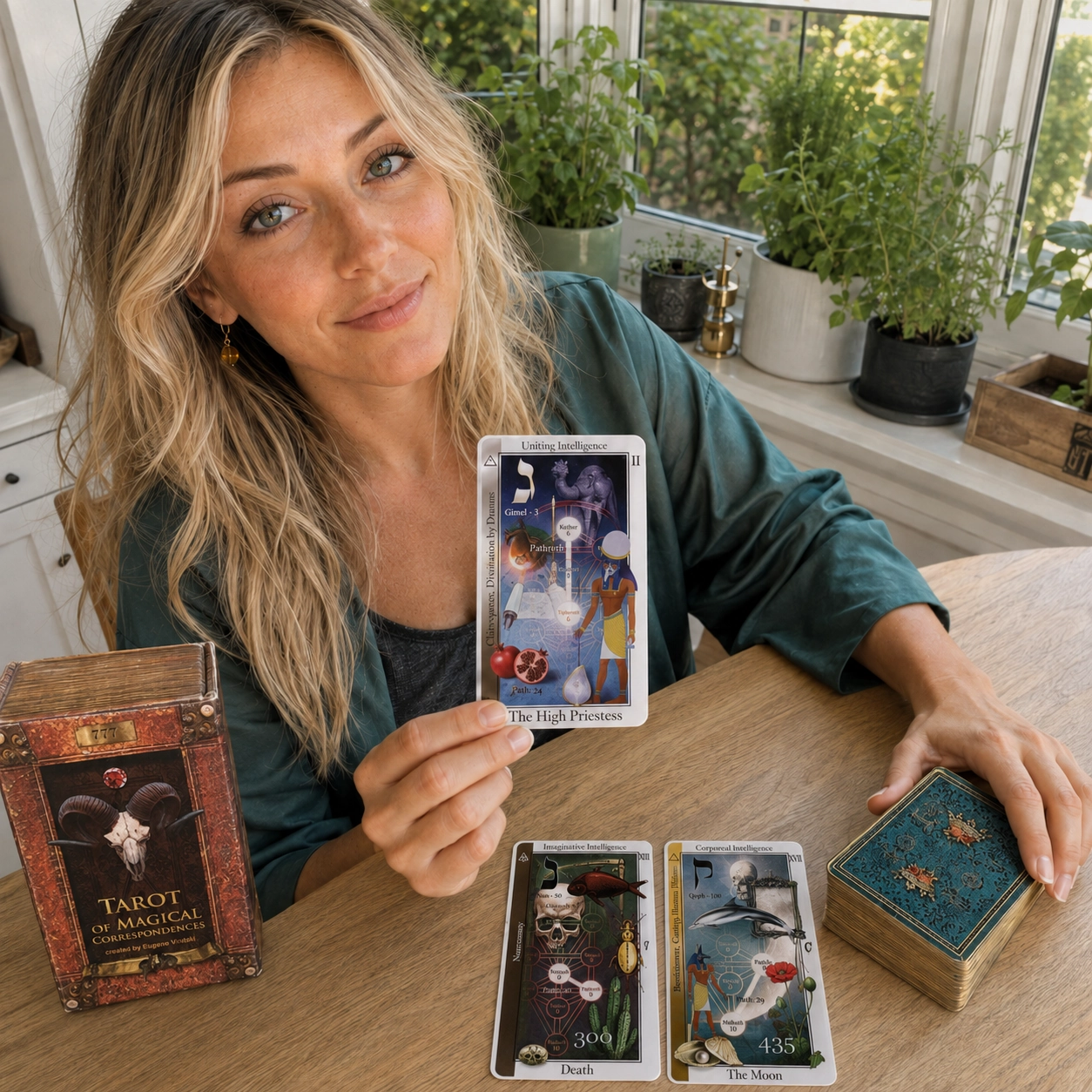Aurica presenting The High Priestess from Tarot of Magical Correspondences beside Death, The Moon, the deck box and stacked cards