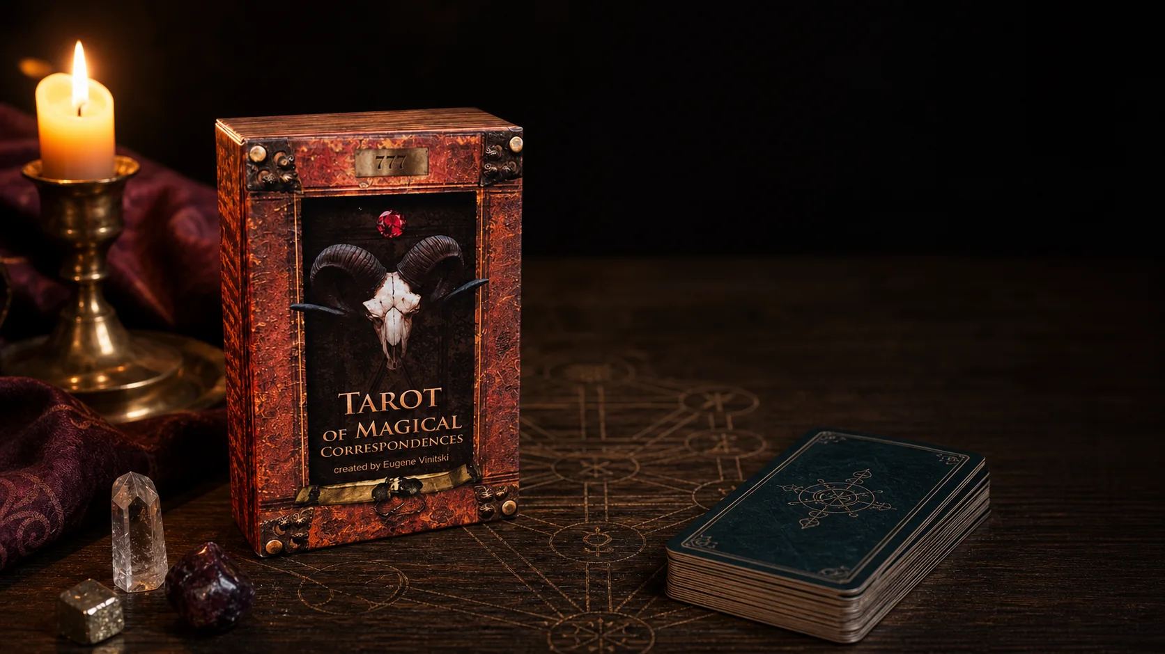 Tarot of Magical Correspondences box and face-down cards on an occult study table
