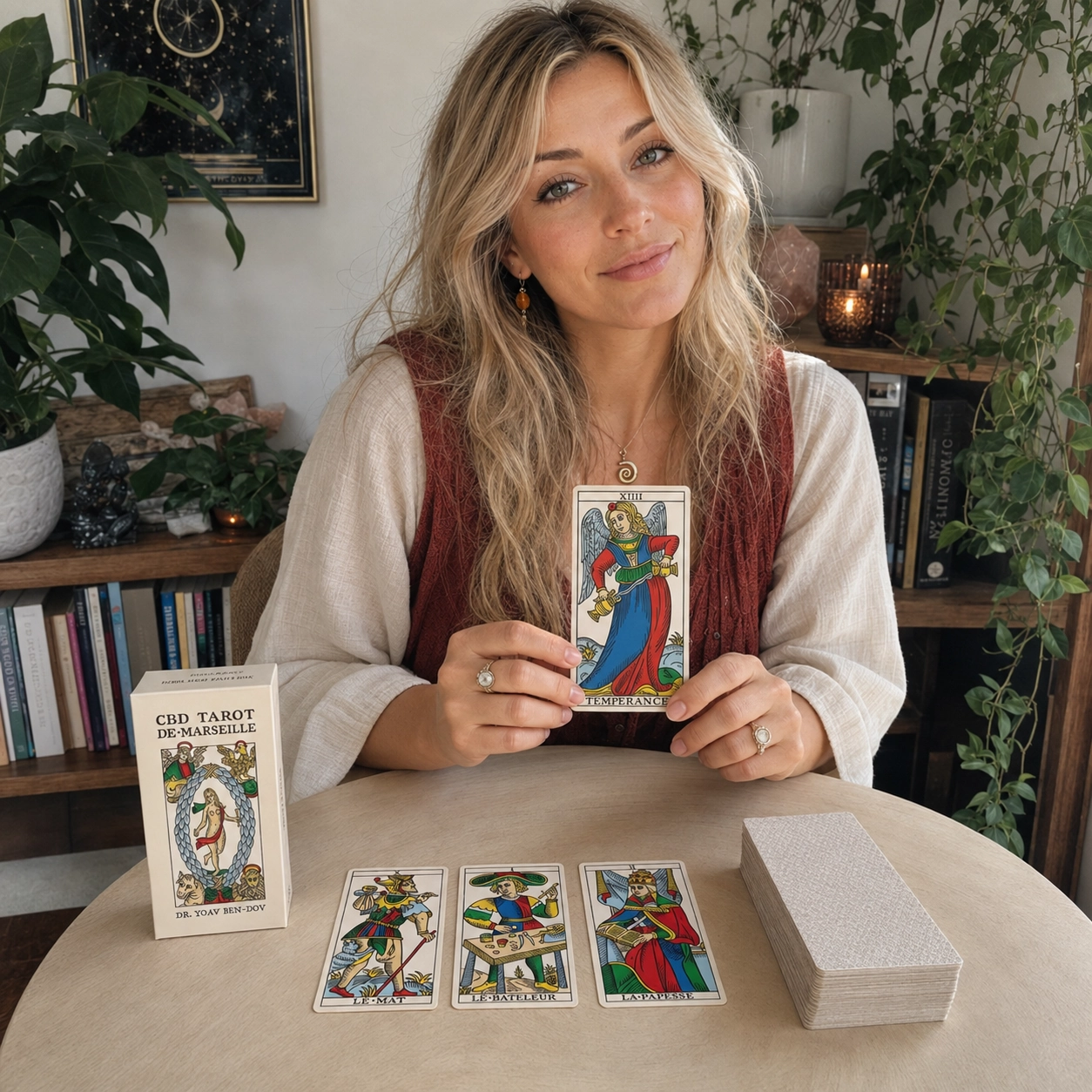Aurica presenting Temperance from the CBD Tarot de Marseille beside its box, three-card spread, and stacked deck