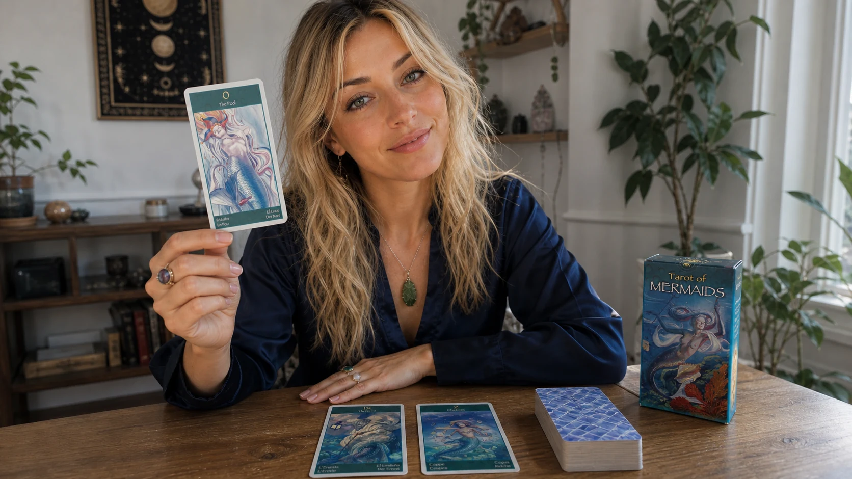 Aurica presenting The Fool with the Tarot of Mermaids deck