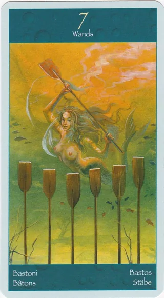 Seven of Wands card from the Tarot of Mermaids deck