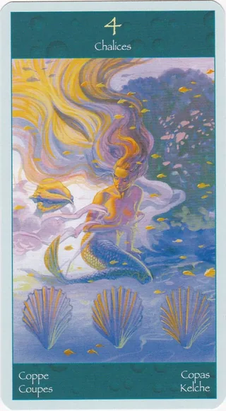 Four of Chalices card from the Tarot of Mermaids deck