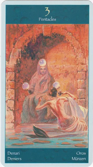 Three of Pentacles card from the Tarot of Mermaids deck